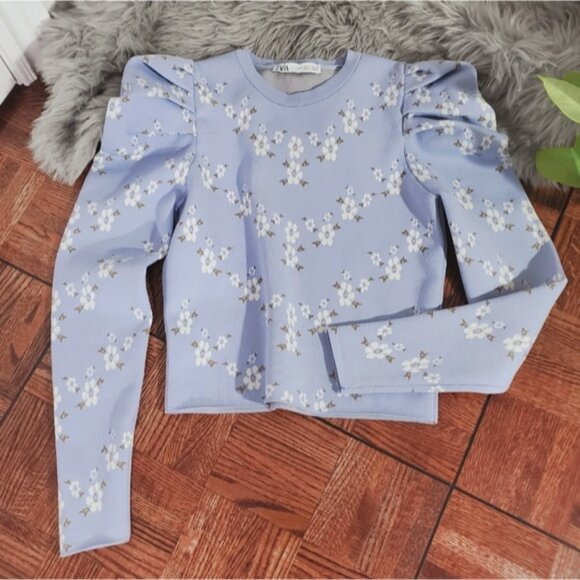 ZARA Retro Puff Shoulder Sweater With Floral Design - Picture 1 of 9